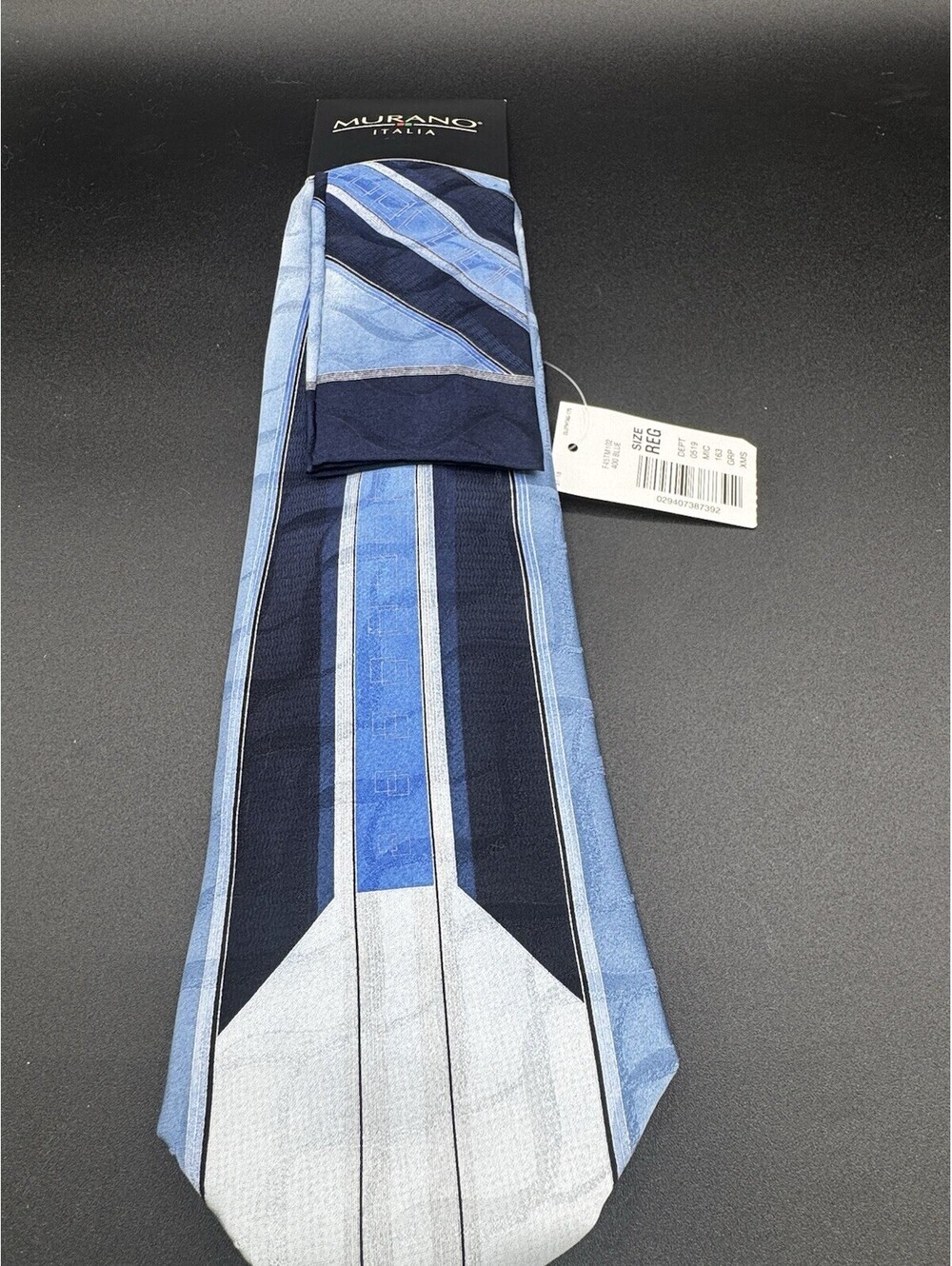 Murano Italia 100% Silk Tie & Pocket Square Set Blue Geometric Striped NWT
